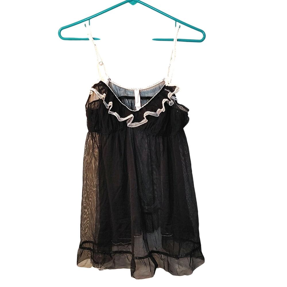 Victoria's Secret VS Size Large Black Sheer Baby Doll Kawaii Light Pink Lace Bow